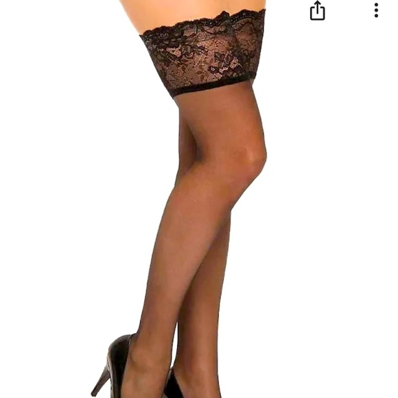 Donna Karan Hosiery Signature Sheer Black Satin Thigh Highs lace Style-0B273 P/S - Picture 10 of 11